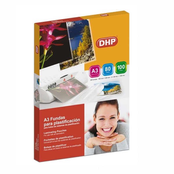 F.Plastificación DHP A3 (303×426mm), 80mc, brillo, C/100