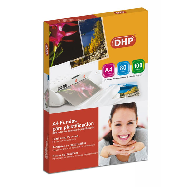 F.Plastificación DHP A4 (216×303mm), 80mc, brillo, C/100