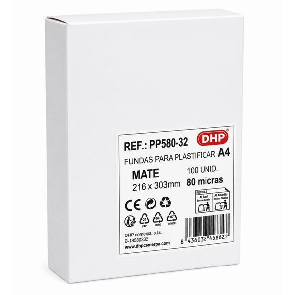 F.Plastificación DHP A4 Mate/Mate (216×303mm), 80mc, mate, C/100